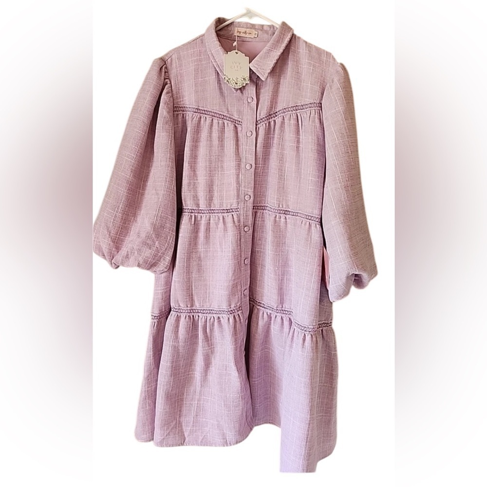 Ivy City Co JoJo Romantic Boohoo Lilac Textured Shirt Dress Size XS. L-4